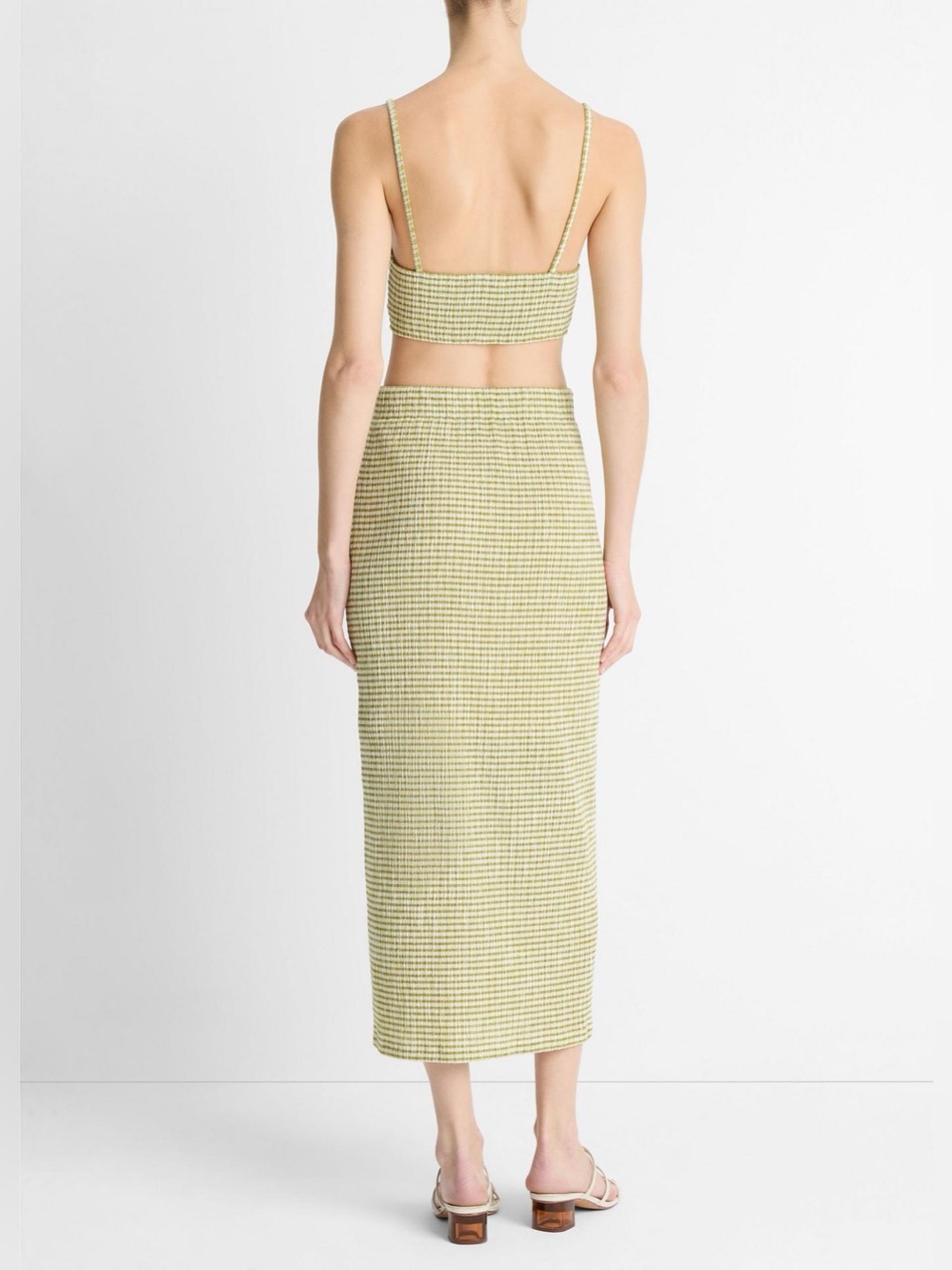 Vince Checked Smocked Midi Skirt Stretch Gingham Green Size XS *202 - Picture 3 of 11